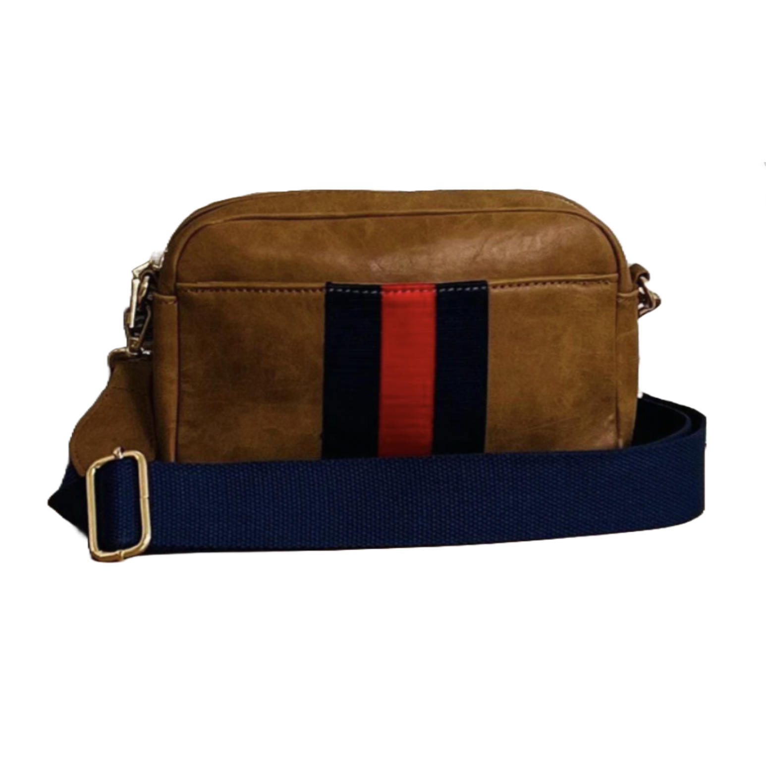 A brown crossbody bag with a prominent navy and red vertical stripe on the front, featuring a detachable navy strap with gold-tone hardware.