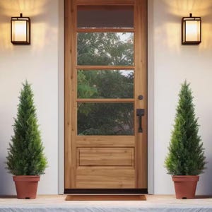 A pair of 4-foot outdoor faux topiaries in terracotta pots, featuring dense, lush greenery shaped into a conical form. They are placed symmetrically on either side of a wooden door, flanked by modern wall sconces.