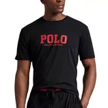 Black T-shirt with \“POLO RALPH LAUREN\“ in red font on the front, paired with black drawstring pants.