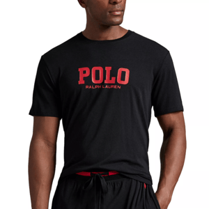 Black T-shirt with \“POLO RALPH LAUREN\“ in red font on the front, paired with black drawstring pants.