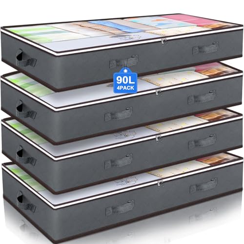 Stack of four grey fabric storage bags with handles, each labeled as 90L capacity, designed for organizing clothes and linens.