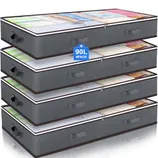 Stack of four grey fabric storage bags with handles, each labeled as 90L capacity, designed for organizing clothes and linens.