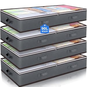 Stack of four grey fabric storage bags with handles, each labeled as 90L capacity, designed for organizing clothes and linens.