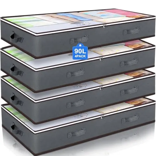 Stack of four grey fabric storage bags with handles, each labeled as 90L capacity, designed for organizing clothes and linens.