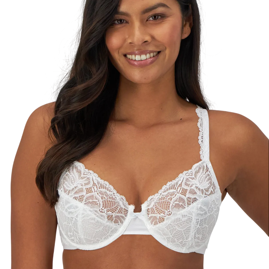 A woman is wearing a white lace underwire bra with floral patterns and lace straps.