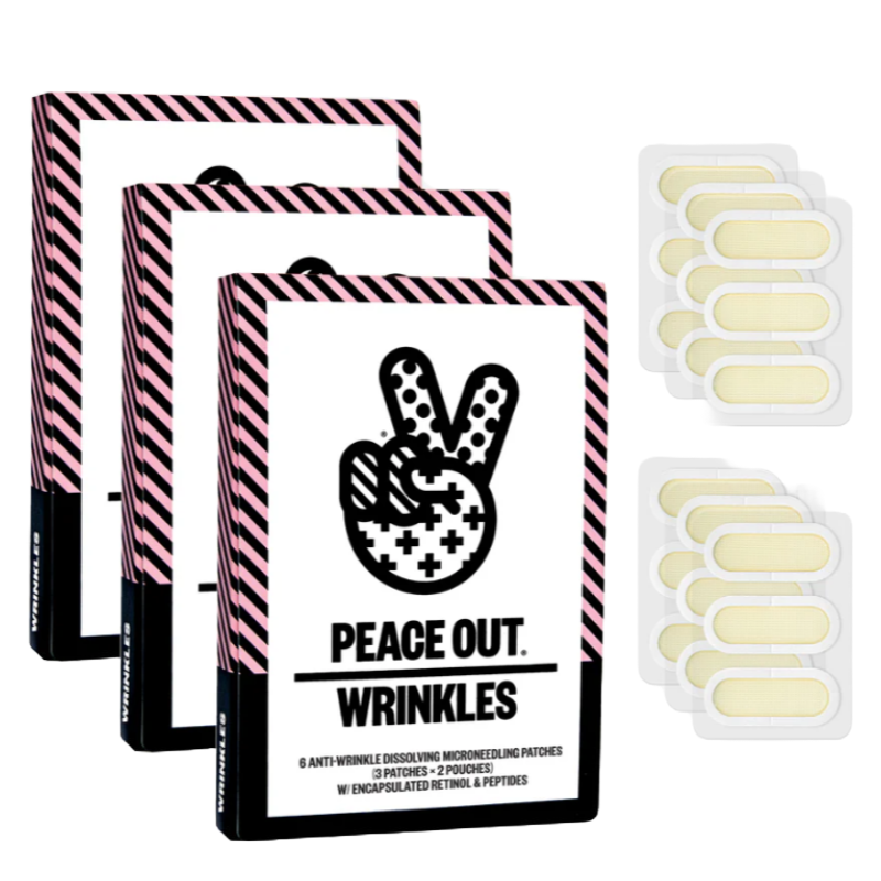 Peace Out Skincare Wrinkle Patches are anti-wrinkle microneedling patches that dissolve to deliver encapsulated retinol and peptides. The package contains multiple patches designed to target wrinkles.