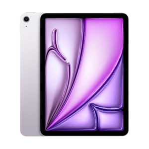 Apple iPad Air 13\“ with M3 chip, featuring a sleek design and vibrant display with thin bezels, showcasing a purple abstract wallpaper.