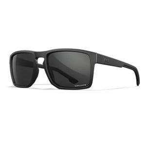 Wiley X sunglasses feature a matte black frame with rectangular, polarized dark lenses, designed for glare reduction. The arms bear the Wiley X logo, and the lenses are marked with \“CAPTIVATE\“ for their lens technology.