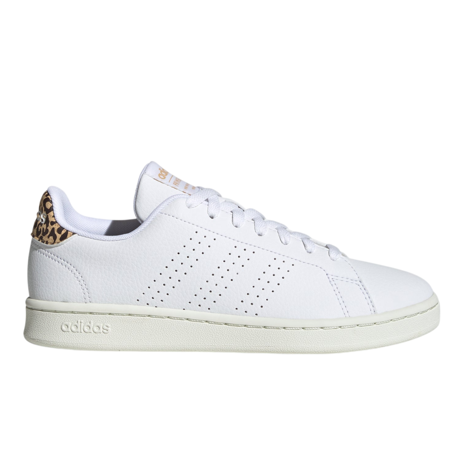 White Adidas sneaker with perforated three stripes and a leopard print detail on the heel.