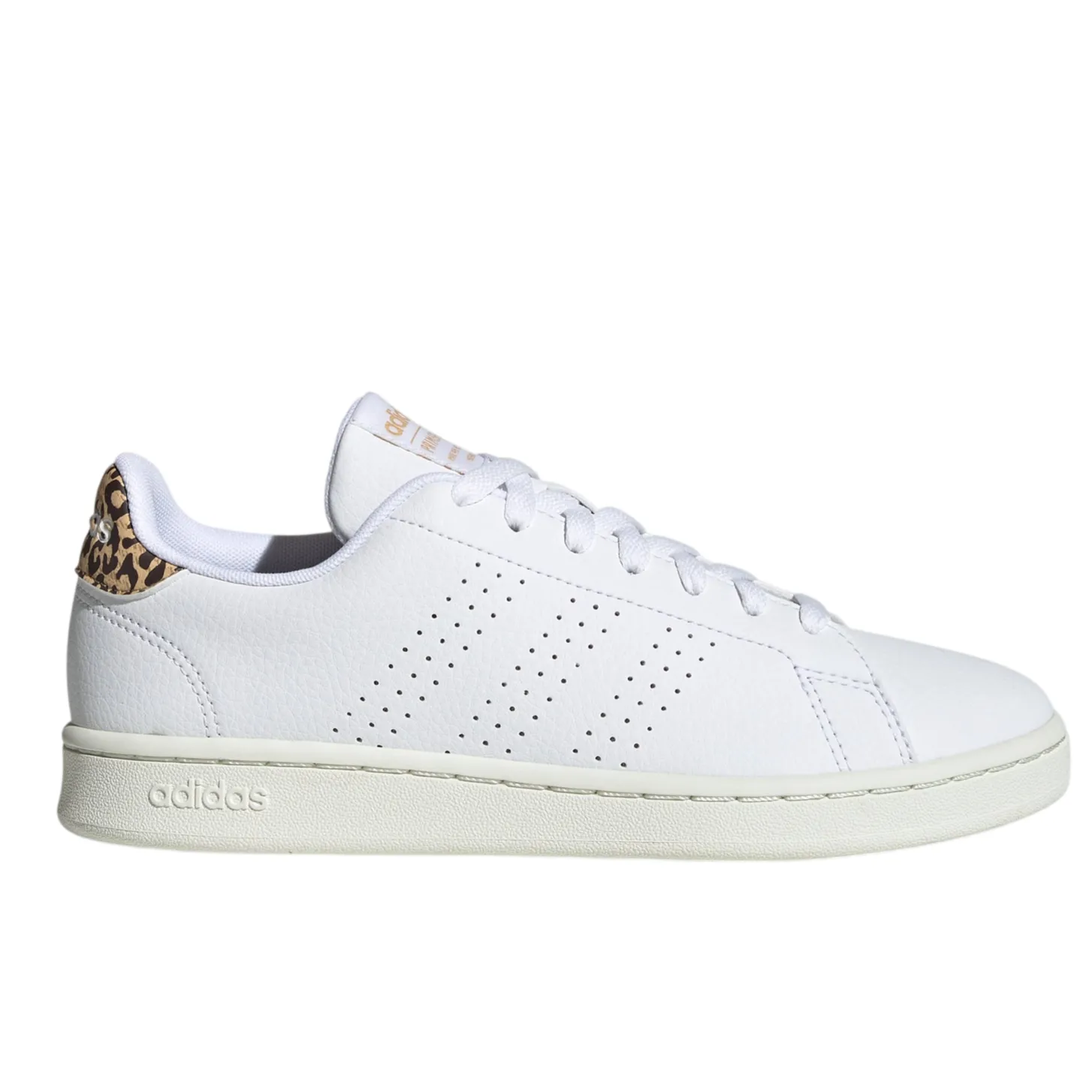 White Adidas sneaker with perforated three stripes and a leopard print detail on the heel.