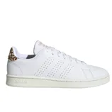 White Adidas sneaker with perforated three stripes and a leopard print detail on the heel.