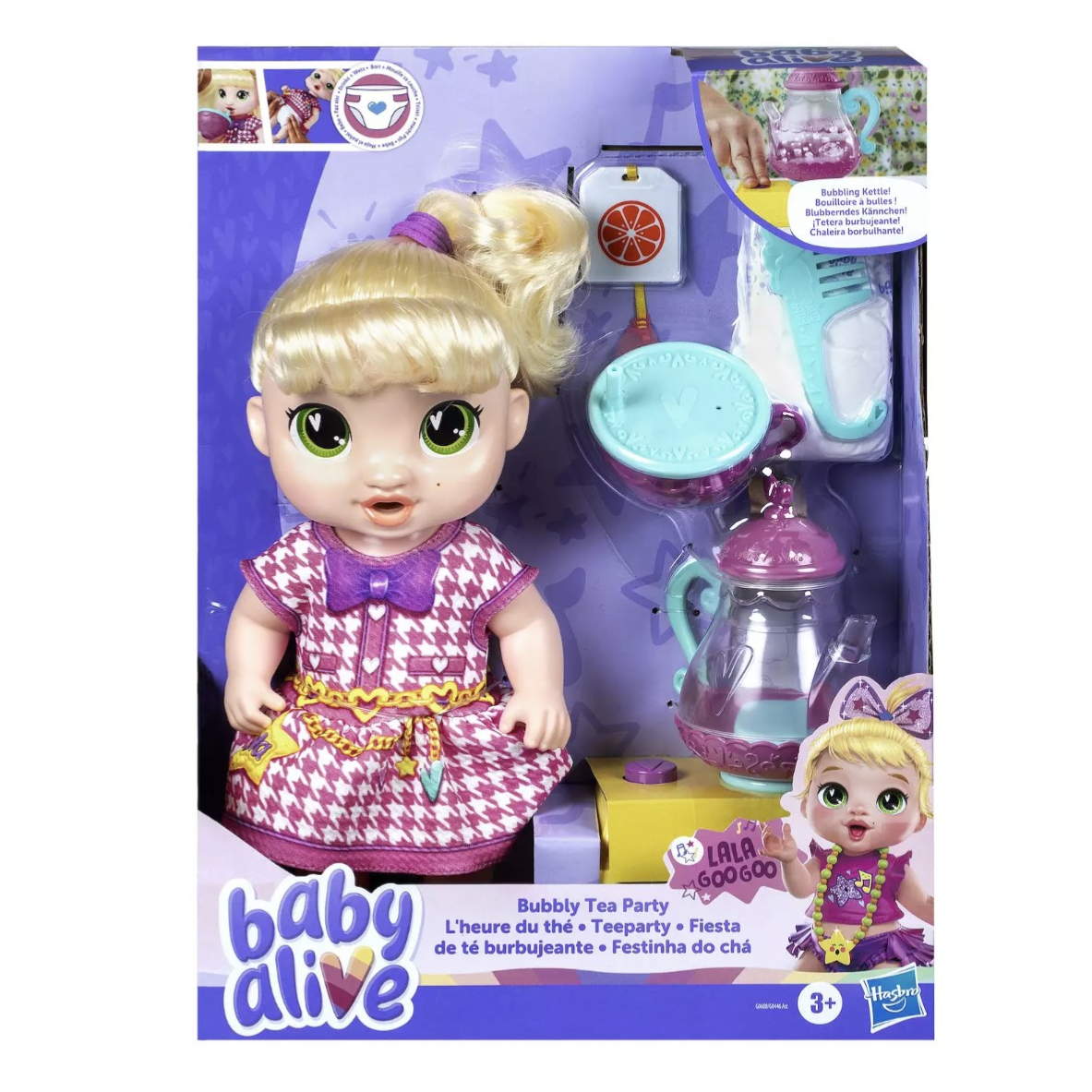 Baby Alive Bubbly Tea Party doll set includes a doll, a bubbling kettle, and accessories for tea party play. For ages 3 and up.