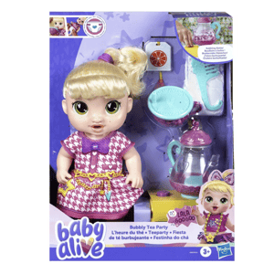 Baby Alive Bubbly Tea Party doll set includes a doll, a bubbling kettle, and accessories for tea party play. For ages 3 and up.