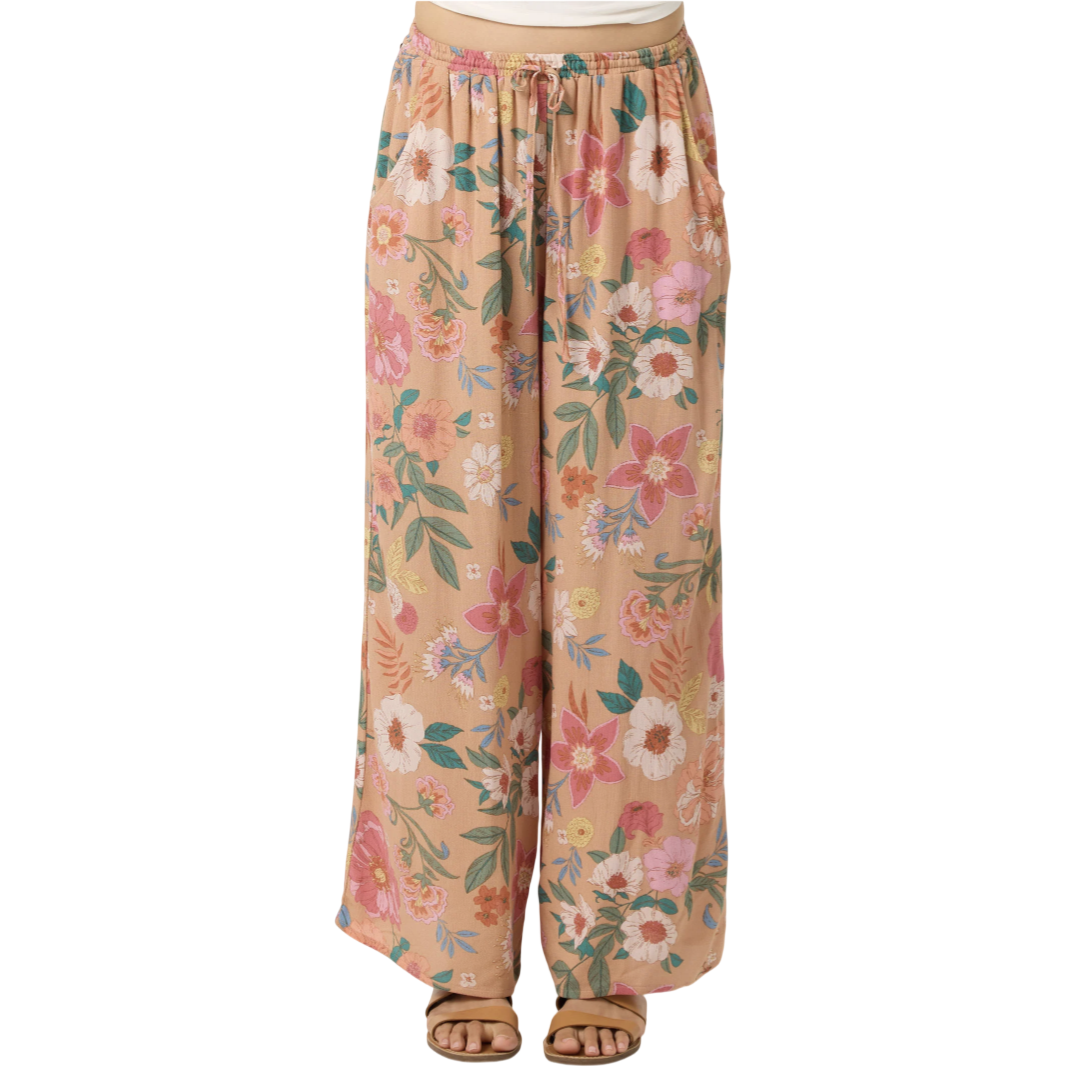 Wide-leg floral pants with an elastic waistband and drawstring, featuring a colorful flower pattern on a beige background.
