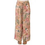 Wide-leg floral pants with an elastic waistband and drawstring, featuring a colorful flower pattern on a beige background.