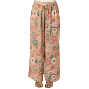Wide-leg floral pants with an elastic waistband and drawstring, featuring a colorful flower pattern on a beige background.