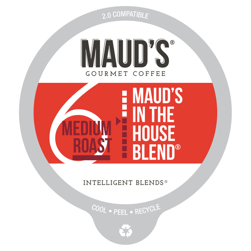 Label for Maud's Gourmet Coffee pods, medium roast, compatible with 2.0 systems, with recycling instructions.