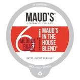 Label for Maud's Gourmet Coffee pods, medium roast, compatible with 2.0 systems, with recycling instructions.