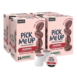 This is a set of four boxes, each containing 24 Keurig K-Cup pods of Pick Me Up Provisions Colombian Gourmet Coffee, Medium Roast.