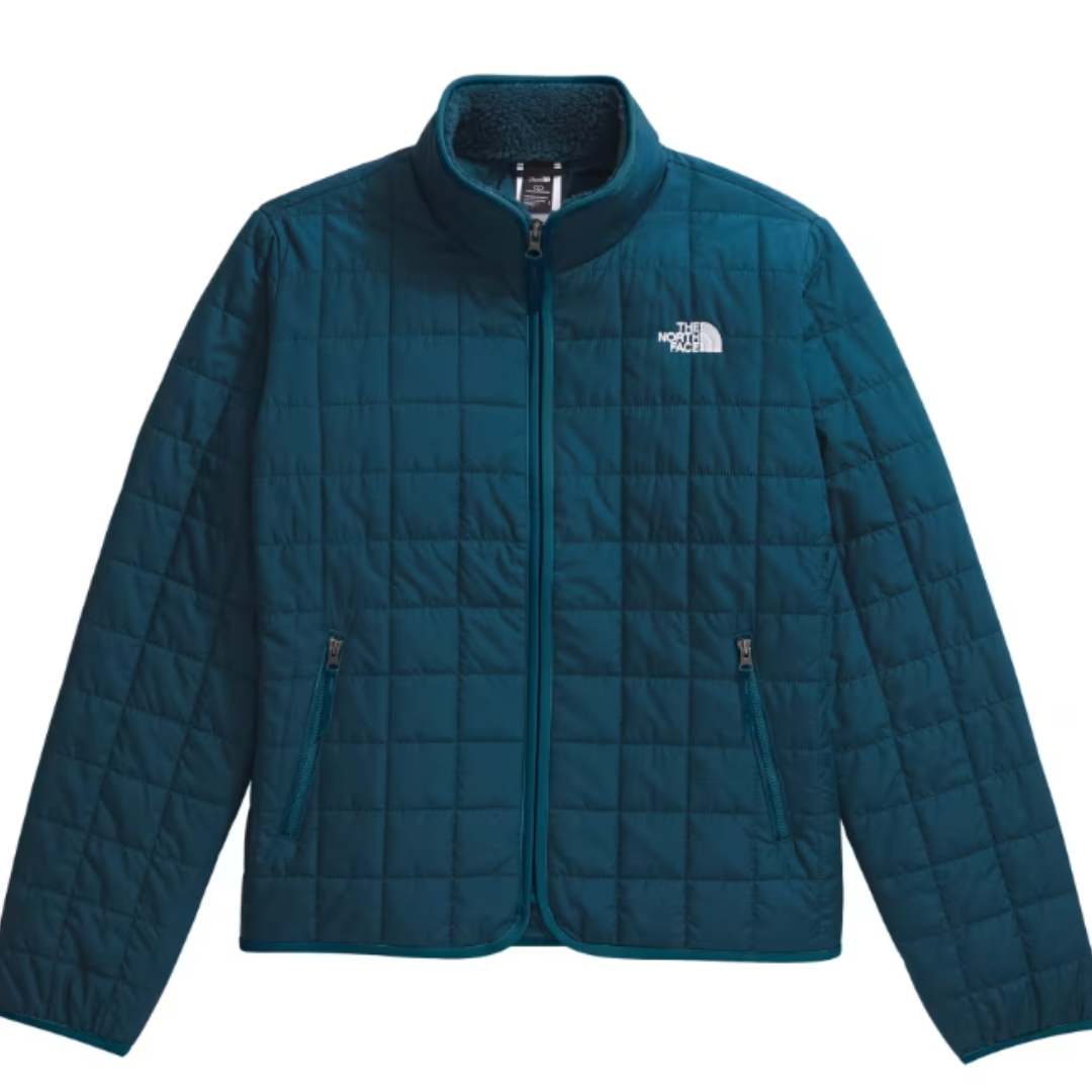 The North Face Junction Insulated Jacket is a teal, quilted jacket with a zip front, featuring two zippered pockets and the North Face logo on the chest.