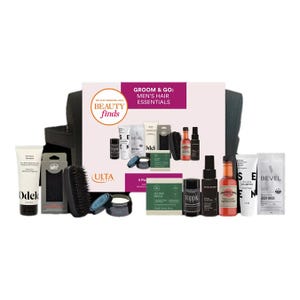 Ulta Groom & Go: Men's Hair Essentials kit includes a variety of hair care products such as shampoo, body wash, styling cream, a brush, and hair thickening fibers. Brands include Odell, Bevel, and Toppik.