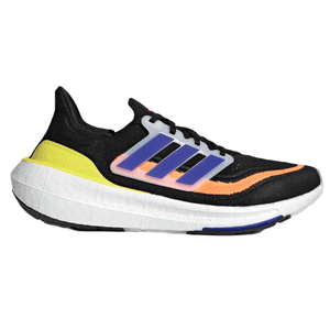 Adidas Ultraboost running shoes with black knit upper, colorful midfoot cage, yellow heel clip, and white Boost midsole.