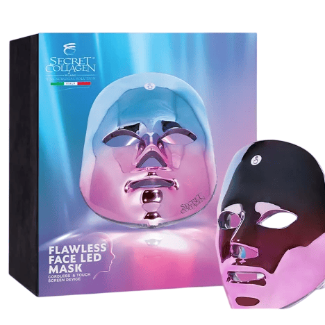 Secret Collagen Flawless Face LED Mask, a cordless and touch screen device, features a modern, iridescent design for facial treatments.