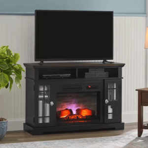 A black TV stand with an integrated electric fireplace, glass-fronted cabinets, and shelves for storing media equipment.
