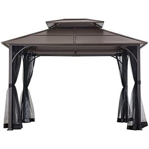 A metal-framed gazebo with a double-tiered roof and mesh curtains.