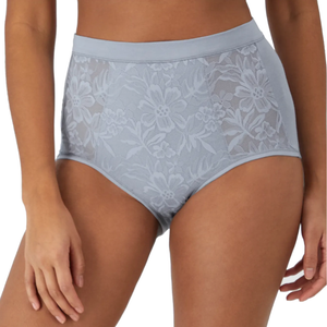 High-waisted lace panties in light blue with floral patterns, offering a semi-sheer design and full coverage.
