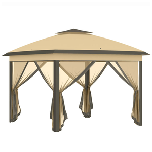Tan outdoor gazebo with a double-tiered roof, supported by dark frame posts, featuring tied-back curtains on all sides.