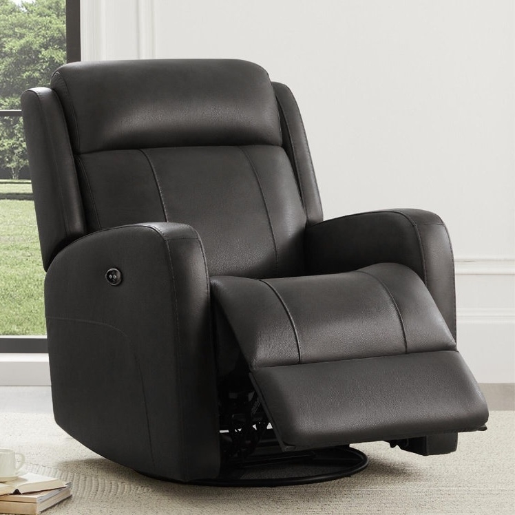 Black reclining chair with padded armrests and headrest, featuring a button on the side for reclining.