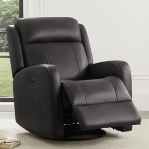 Black reclining chair with padded armrests and headrest, featuring a button on the side for reclining.