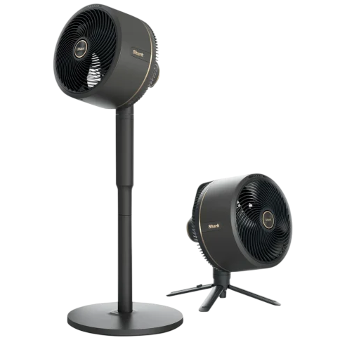 Two black Shark fans are displayed: one on an adjustable stand and the other on a compact tripod. Both feature a circular grill design.
