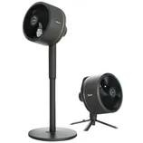 Two black Shark fans are displayed: one on an adjustable stand and the other on a compact tripod. Both feature a circular grill design.