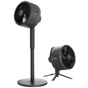 Two black Shark fans are displayed: one on an adjustable stand and the other on a compact tripod. Both feature a circular grill design.