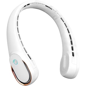 A white wearable neck fan with ventilation openings and a power button, designed for personal cooling.