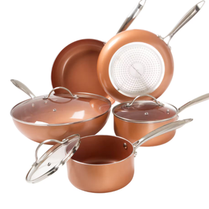 Copper-colored cookware set including pots, pans, and lids with stainless steel handles.
