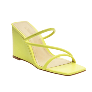 A yellow wedge sandal featuring a square toe and two thin straps, combining a minimalist design with a vibrant color.