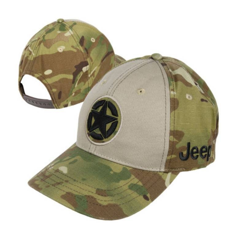 A camouflage Jeep baseball cap featuring a star emblem on the front and the Jeep logo on the side, with an adjustable snapback closure.
