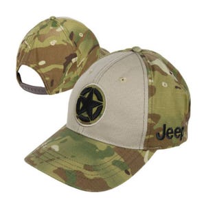 A camouflage Jeep baseball cap featuring a star emblem on the front and the Jeep logo on the side, with an adjustable snapback closure.