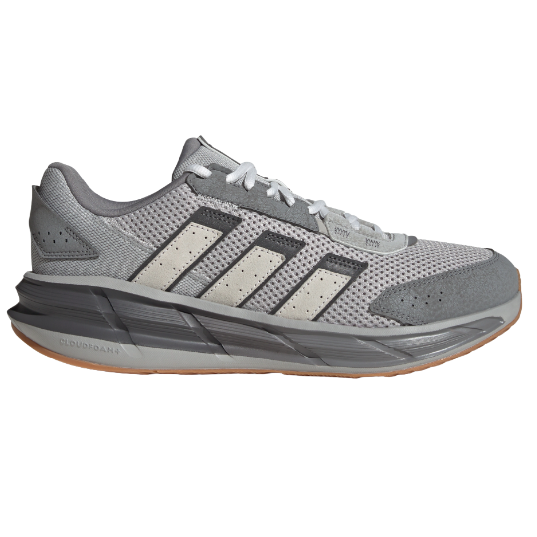 Gray Adidas running shoe with mesh upper, featuring three stripes on the side, a textured sole with Cloudfoam+ cushioning, and white laces.