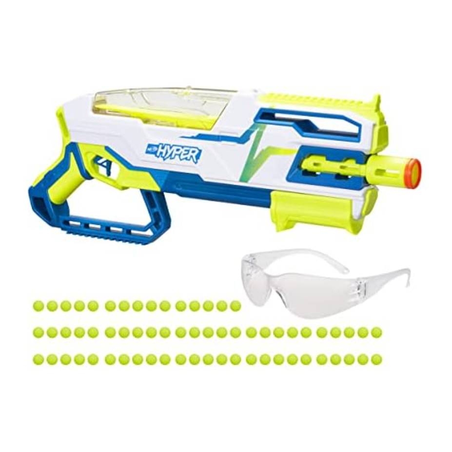 Nerf Hyper blaster in white, blue, and neon green with safety goggles and multiple neon green foam balls.