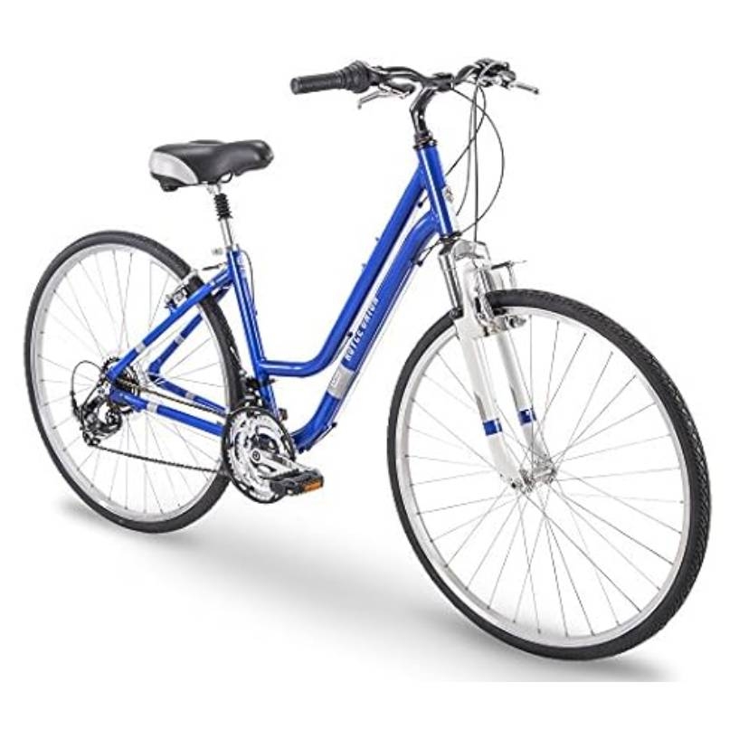 Royce Union Hybrid Bike features a blue frame with a step-through design, front suspension fork, ergonomic seat, and multiple-speed gears, suitable for both urban and light off-road cycling.