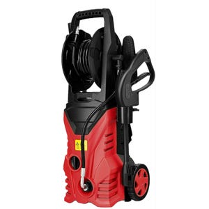 Electric pressure washer with a red and black design, featuring a hose reel on top, an attached spray gun, and wheels for easy mobility.