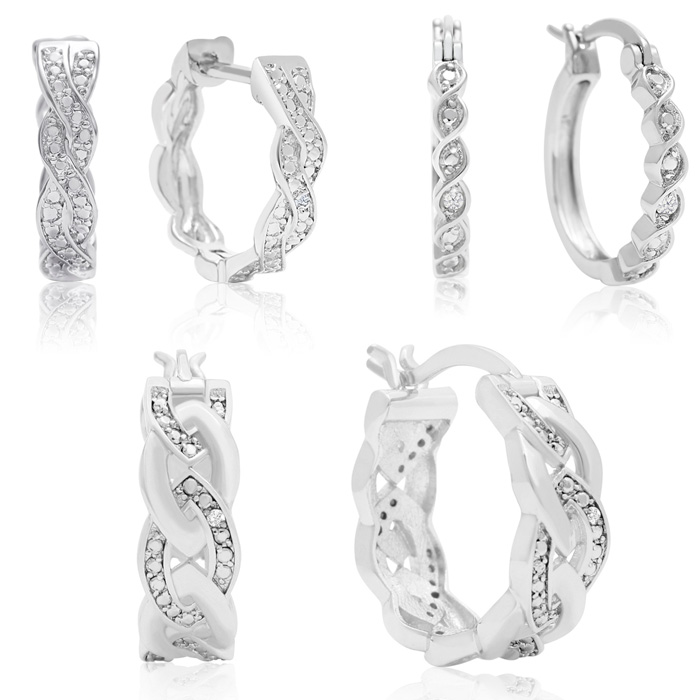 Silver hoop earrings with a twisted design featuring embedded small crystals or gems, shown from multiple angles.