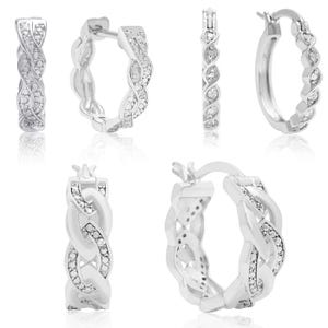 Silver hoop earrings with a twisted design featuring embedded small crystals or gems, shown from multiple angles.