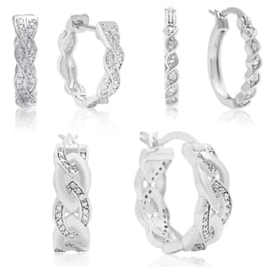 Silver hoop earrings with a twisted design featuring embedded small crystals or gems, shown from multiple angles.