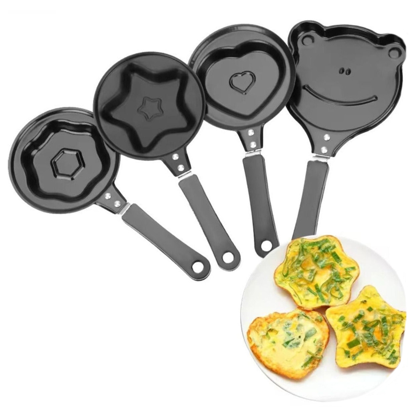 A set of four small nonstick breakfast pans with unique shapes: hexagon, star, heart, and a bear face. They are designed for making creatively shaped pancakes or eggs.