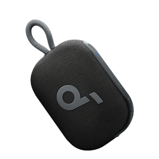 A compact, black portable Bluetooth speaker with a fabric exterior and a loop handle, featuring a minimalistic design with a logo on the front.